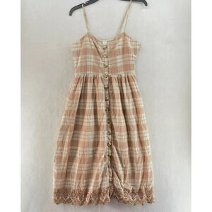Harper Heritage Dress L Coral Peach Beige Plaid Spaghetti Button Eyelet Midi